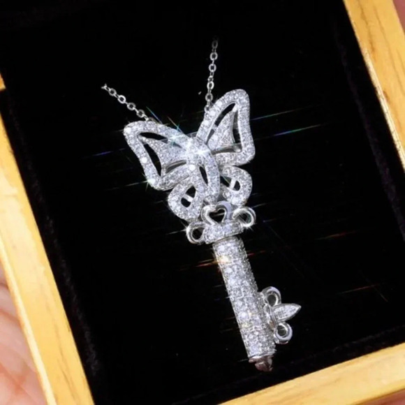 NEW Silver Diamond Butterfly Key Pendant Necklace - Picture 3 of 8